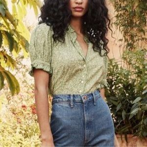 Doen Top Blouse Green with White Flowers Medium